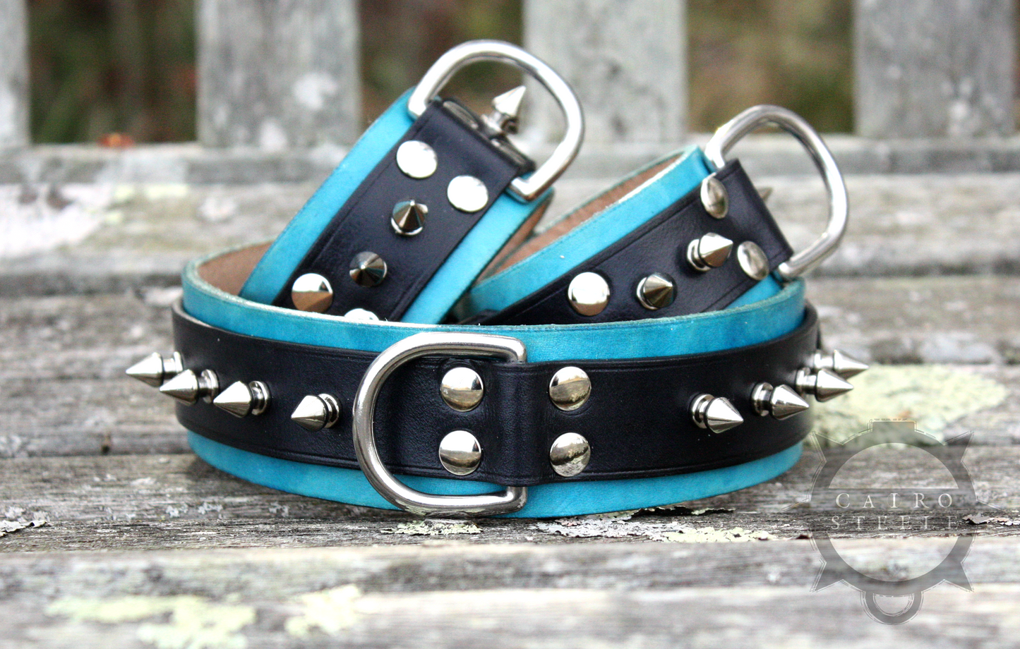 Unlined Black & Aqua Spiked Collar & Cuff Set [2024]